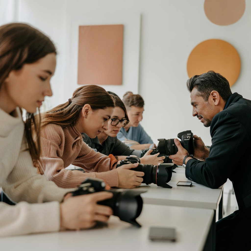 Fotografikurs i full gång med deltagare som lär sig kamerateknik